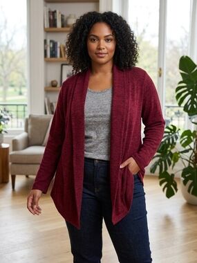 Moov Cozy Open-Front Cardigan Sweater in Wine Made In Canada